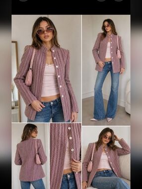 Vintage 1970s Made in Italy Pink Bouclé Wool Jacket Metallic Stripe Satin Lined